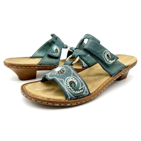 Rieker Bohemian Beaded Anti Stress Sandal Womens 37 Embellished Teal Green Beach - Picture 1 of 6